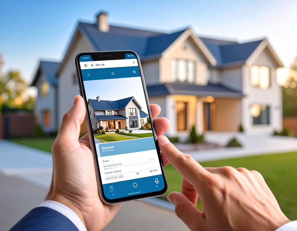 estate agent websites being viewed on a smart phone with a property in the background