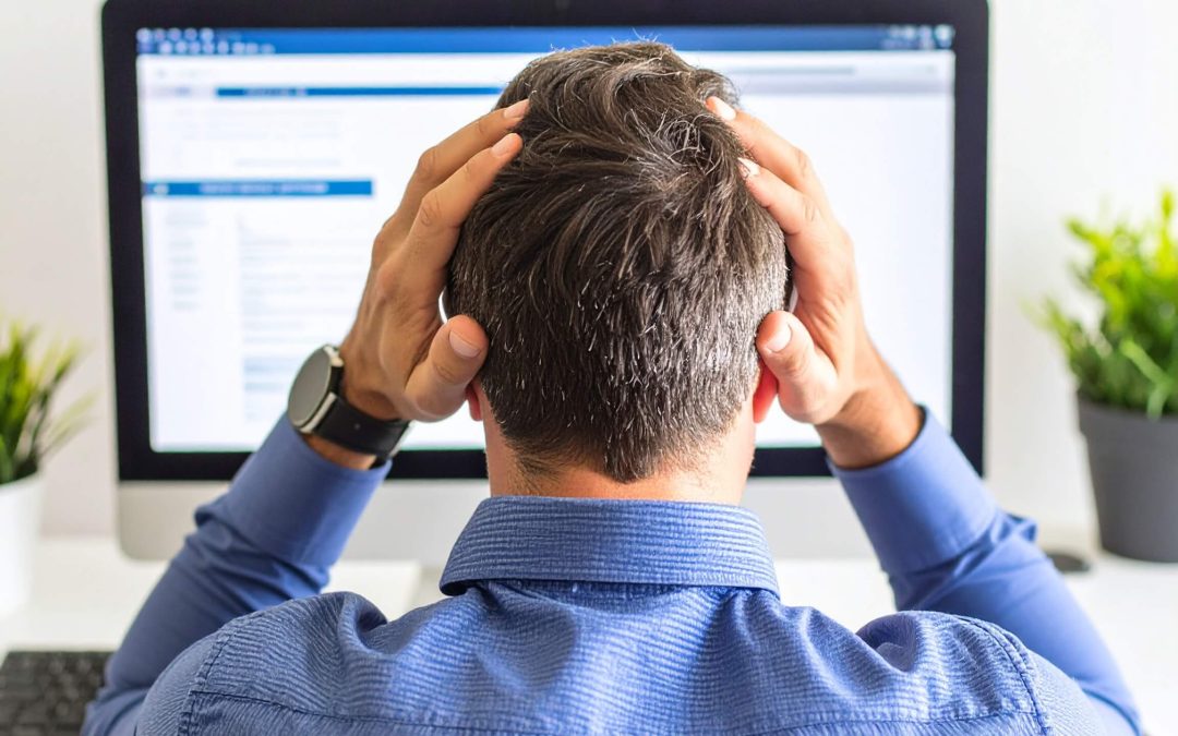 A man, head in his hands, looking at a computer screen that has 5 website mistakes that make buyers bounce.